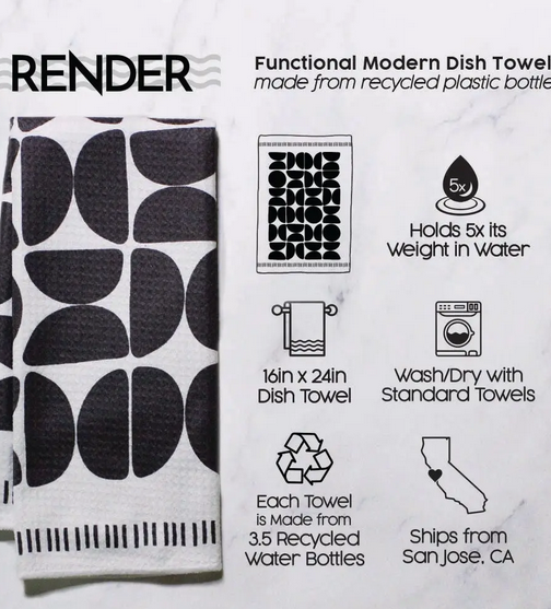 hand printed black and white dish towel 