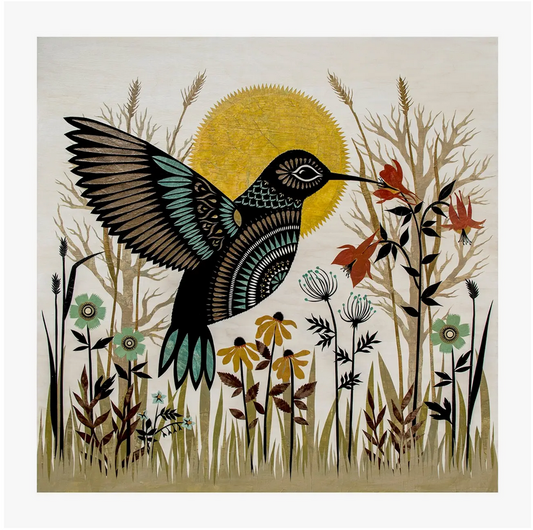 Humming in Garden Bird Print Signed and titled printed reproduction of an original hand cut paper collage by Angie Pickman. 