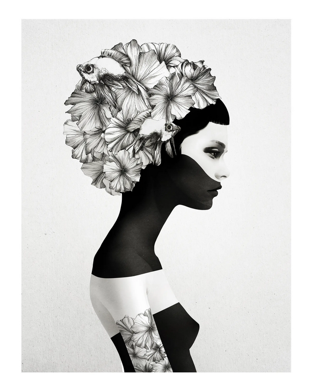 black and white art print floral woman
