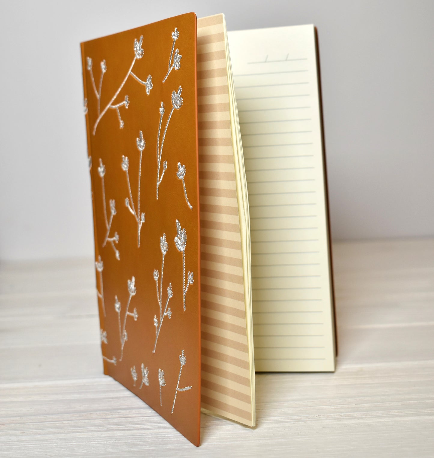 Samantha Layflat Notebook made with vegan leather and cream color embroidery